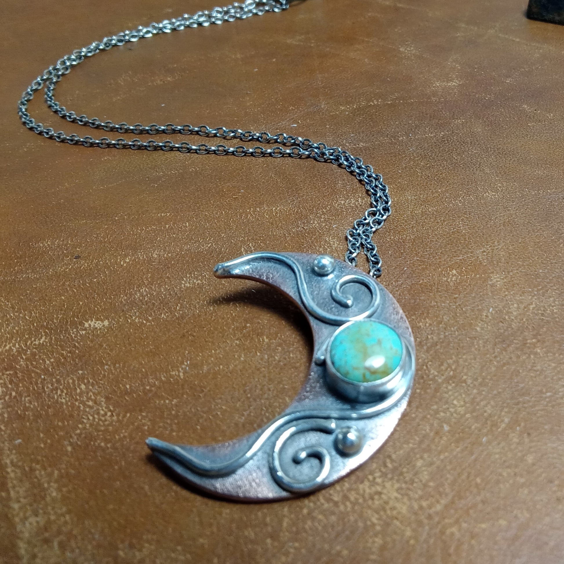 Handcrafted copper crescent moon pendant with Kingman turquoise cabochon, Argentium silver swirls and orbs, artisan necklace