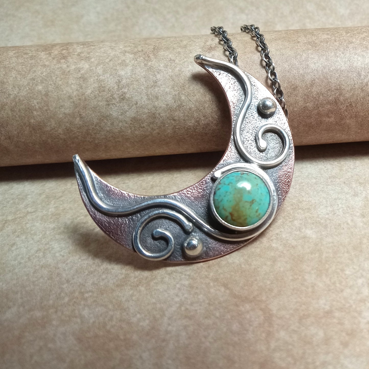 Copper and Argentium silver crescent moon necklace with Kingman turquoise, 18 inch sterling silver chain