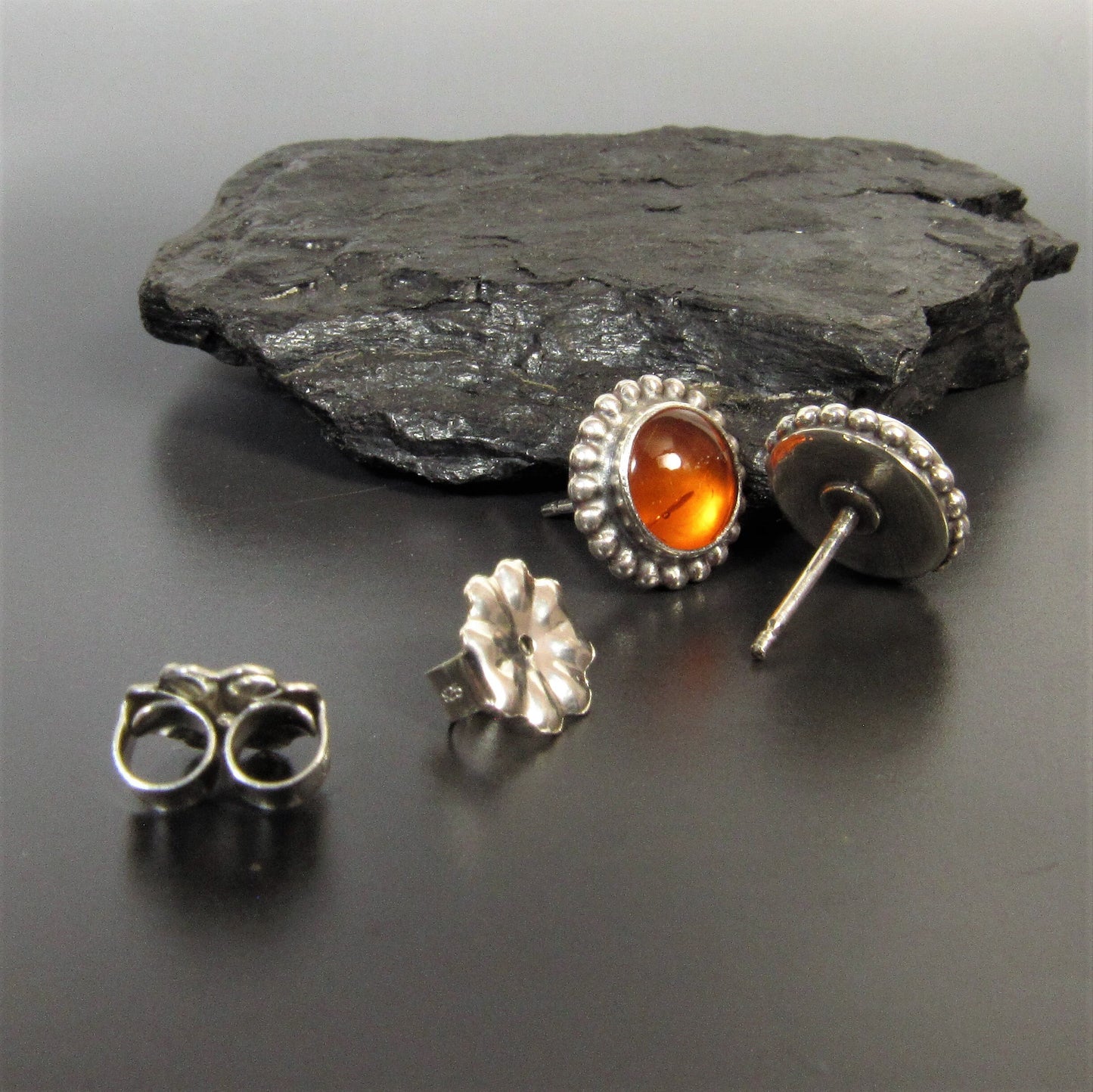 Baltic Amber and Sterling Silver Stud Earrings – Antique Finish, Elegant Everyday Jewelry