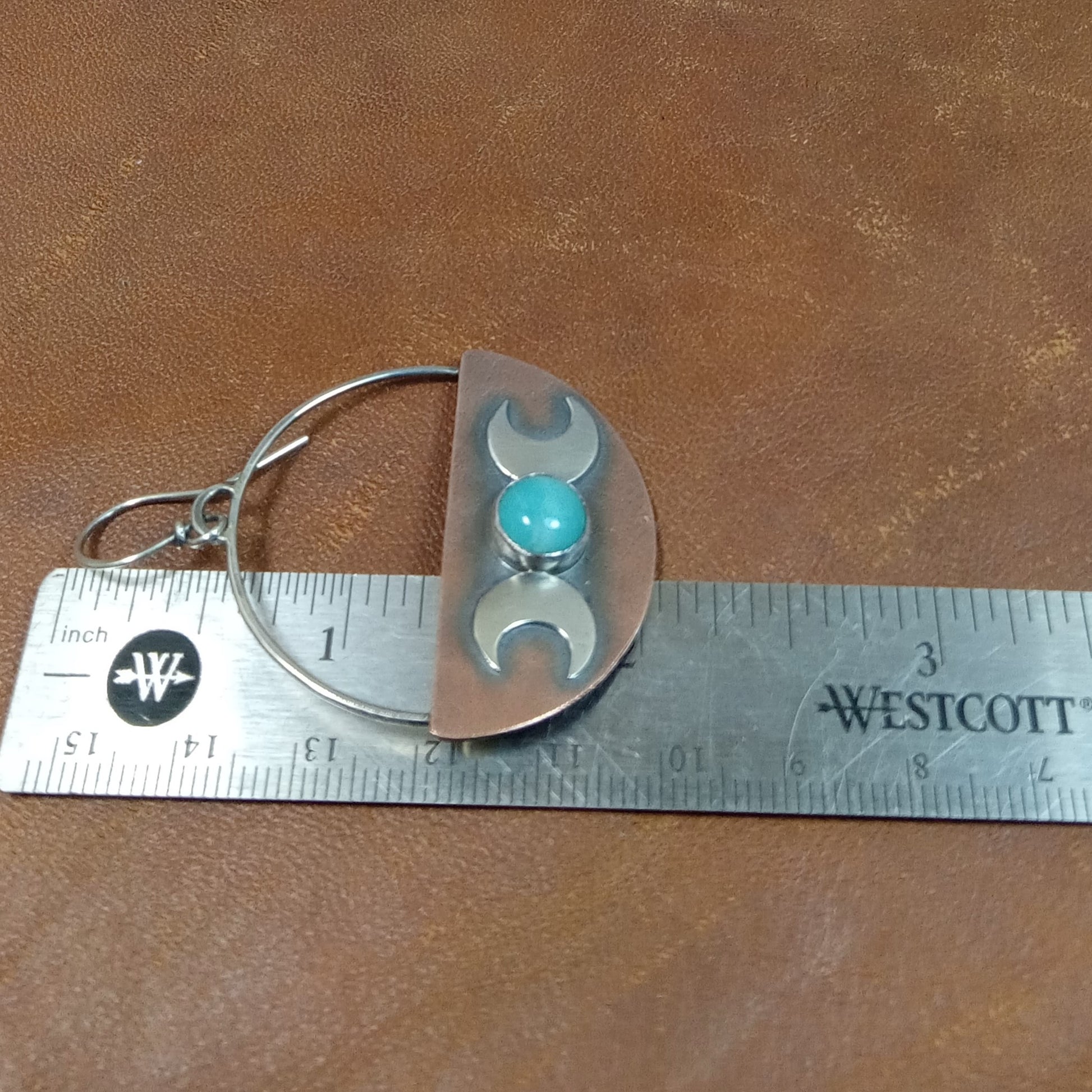 Amazonite, copper and sterling silver crescent moon triple goddess earrings photographed against ruler to show size.