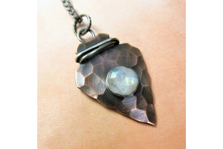 Rustic Copper, Sterling Silver And Rainbow Moonstone Arrowhead Pendant Necklace