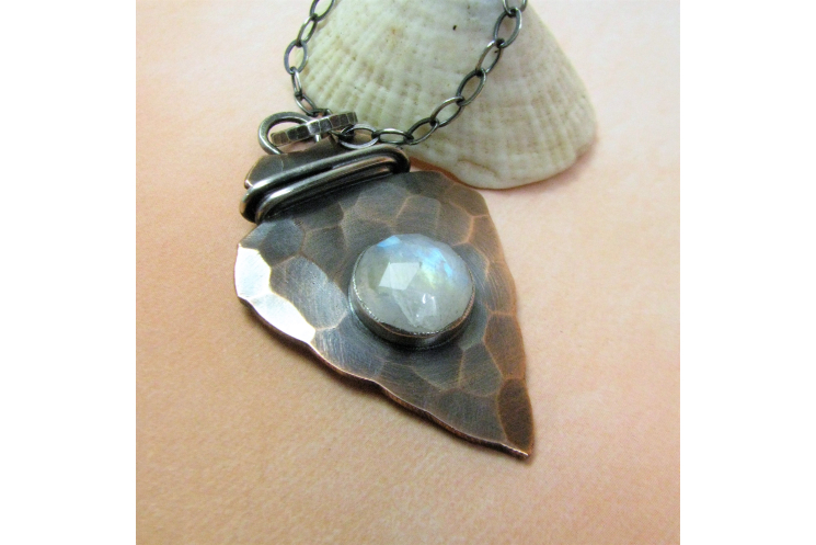 Rustic Copper, Sterling Silver And Rainbow Moonstone Arrowhead Pendant Necklace