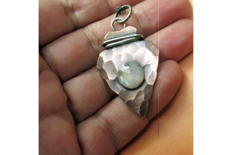 Rustic Copper, Sterling Silver And Rainbow Moonstone Arrowhead Pendant Necklace