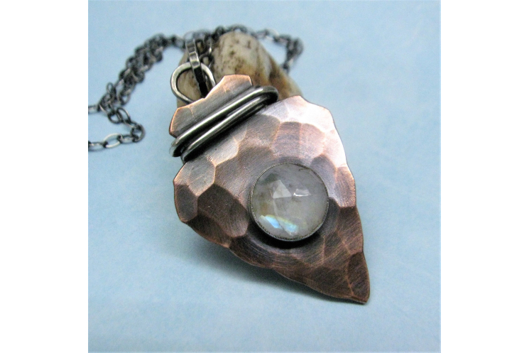 Rustic Copper, Sterling Silver And Rainbow Moonstone Arrowhead Pendant Necklace