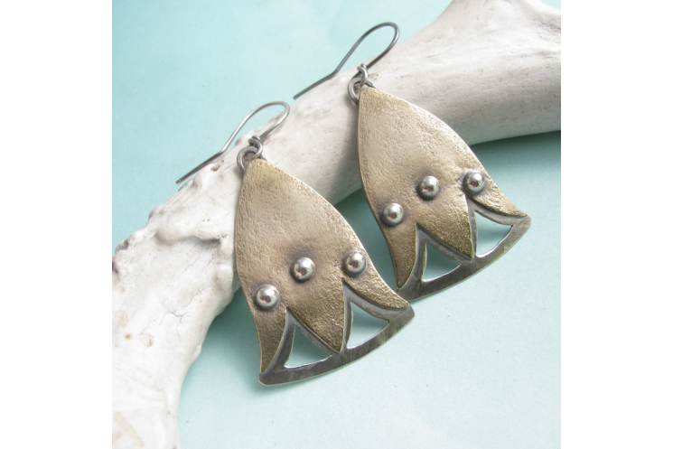 Mixed Metal Lotus Flower Earrings, Two Tone Exotic Metalsmith Earrings