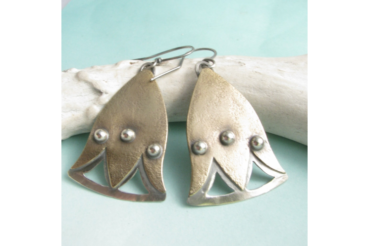 Mixed Metal Lotus Flower Earrings, Two Tone Exotic Metalsmith Earrings