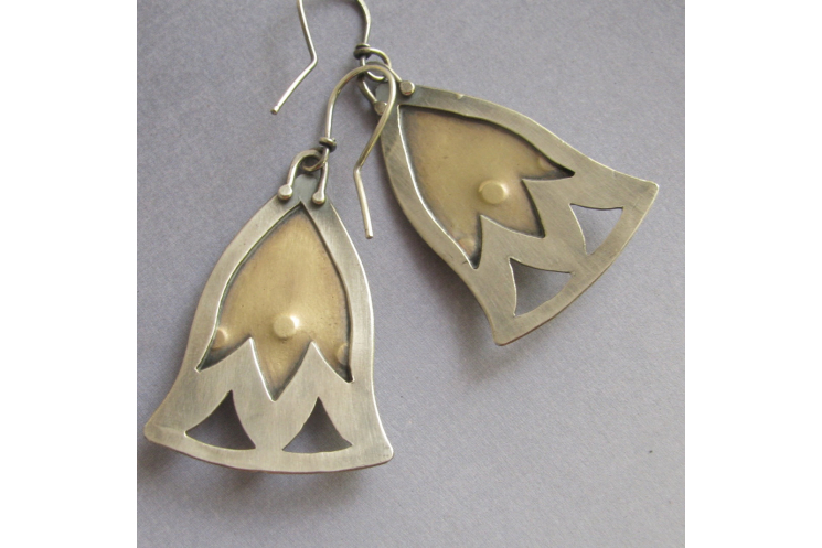Mixed Metal Lotus Flower Earrings, Two Tone Exotic Metalsmith Earrings