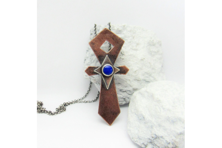 Lapis Lazuli, Mixed Metal, Copper And Silver Ankh Pendant Necklace