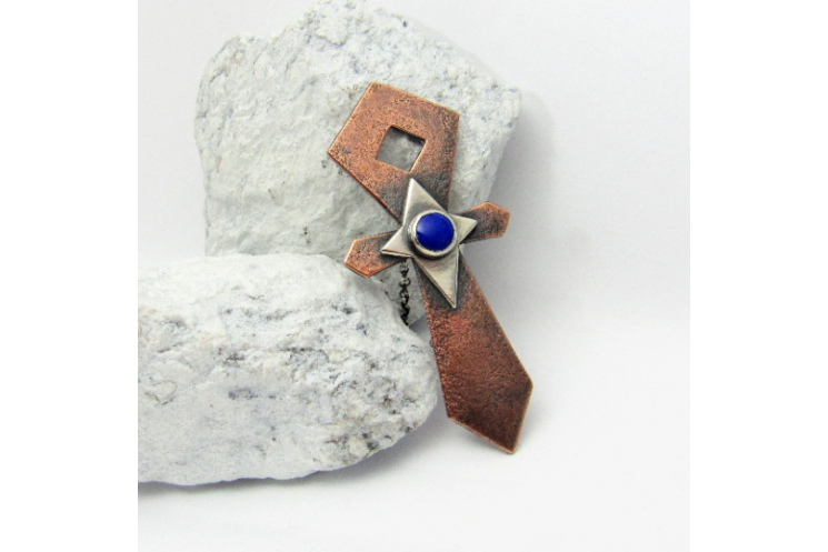 Lapis Lazuli, Mixed Metal, Copper And Silver Ankh Pendant Necklace