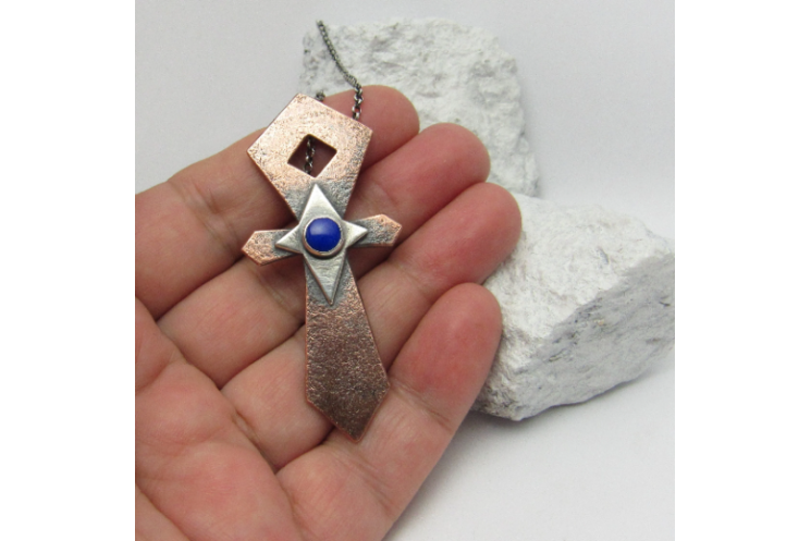 Lapis Lazuli, Mixed Metal, Copper And Silver Ankh Pendant Necklace