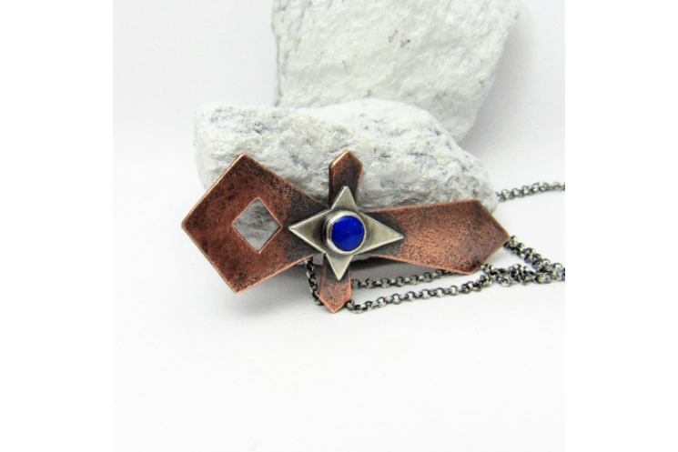 Lapis Lazuli, Mixed Metal, Copper And Silver Ankh Pendant Necklace