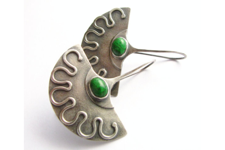 Emerald Green Maw Sit Sit And Argentium Sterling Silver Exotic Fan Earrings - 5