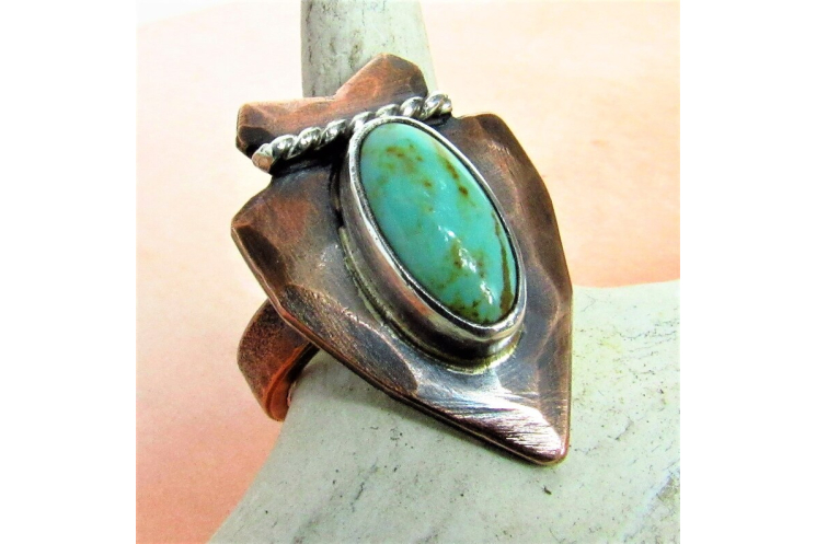 Size 8 Turquoise Arrowhead Ring In Copper, Fine and Sterling Silver