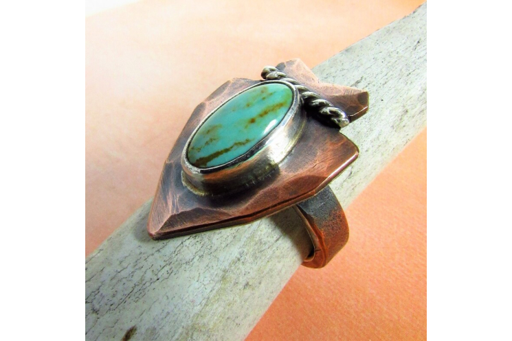 Size 8 Turquoise Arrowhead Ring In Copper, Fine and Sterling Silver