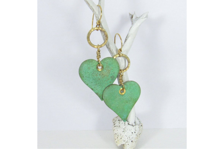 Large Verdigris Heart Earrings