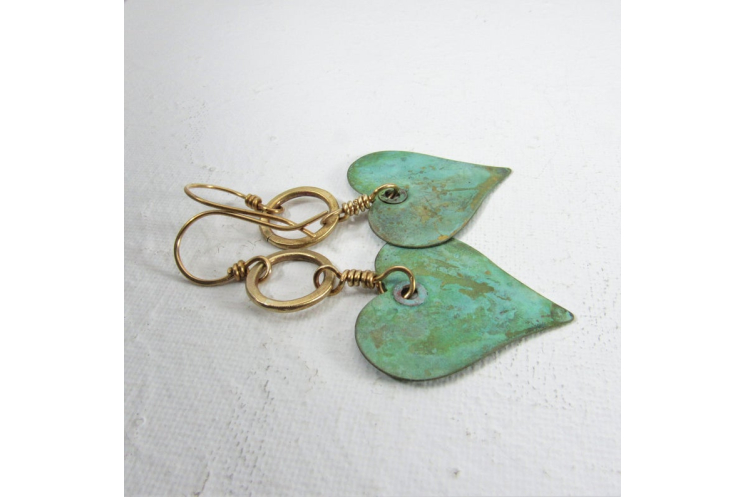 Large Verdigris Heart Earrings