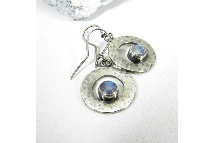 Small Hammered Sterling Silver Moonstone Circle Earrings