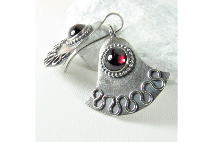 Argentium Sterling Silver Egyptian Lotus Earrings With Large Deep Red Garnets