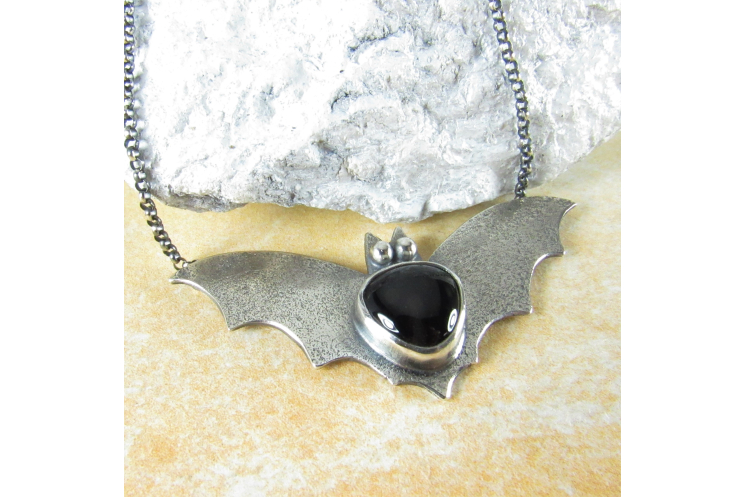 Argentium Sterling Silver Bat Pendant Necklace With Black Onyx