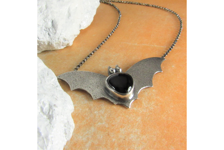 Argentium Sterling Silver Bat Pendant Necklace With Black Onyx