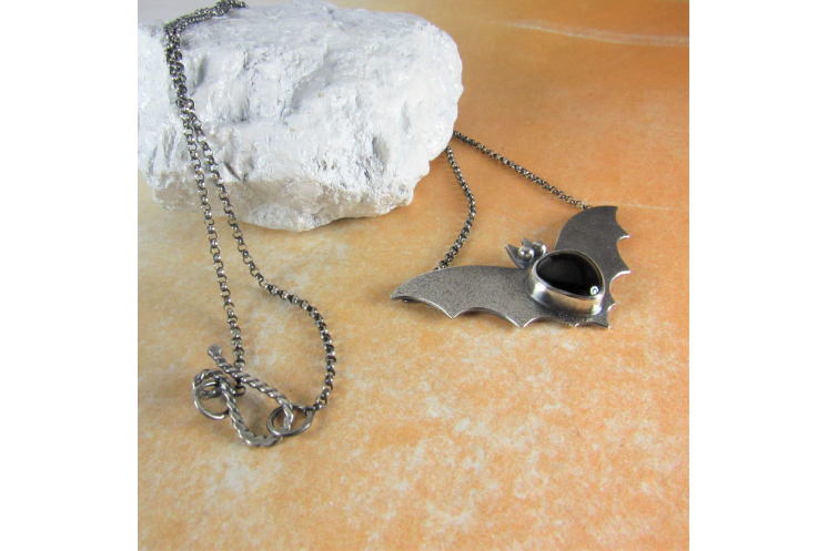 Argentium Sterling Silver Bat Pendant Necklace With Black Onyx