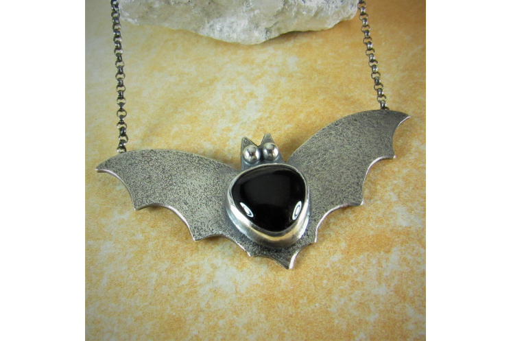 Argentium Sterling Silver Bat Pendant Necklace With Black Onyx