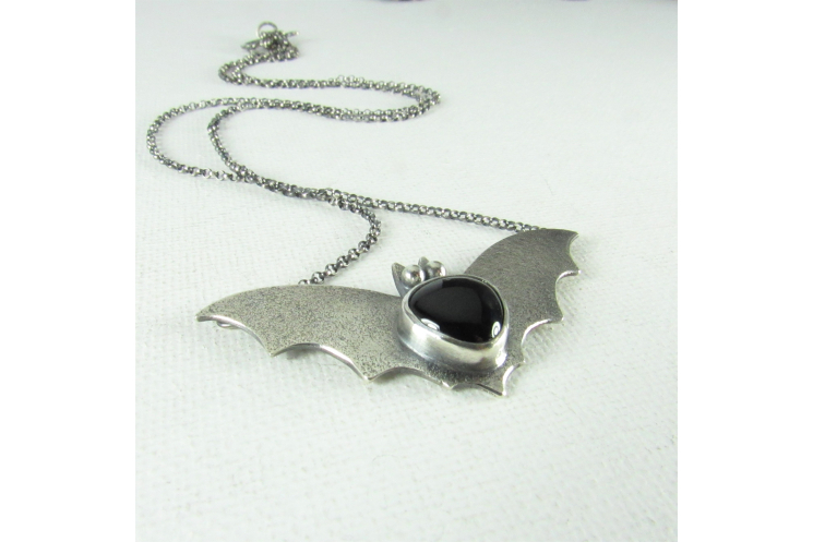 Argentium Sterling Silver Bat Pendant Necklace With Black Onyx