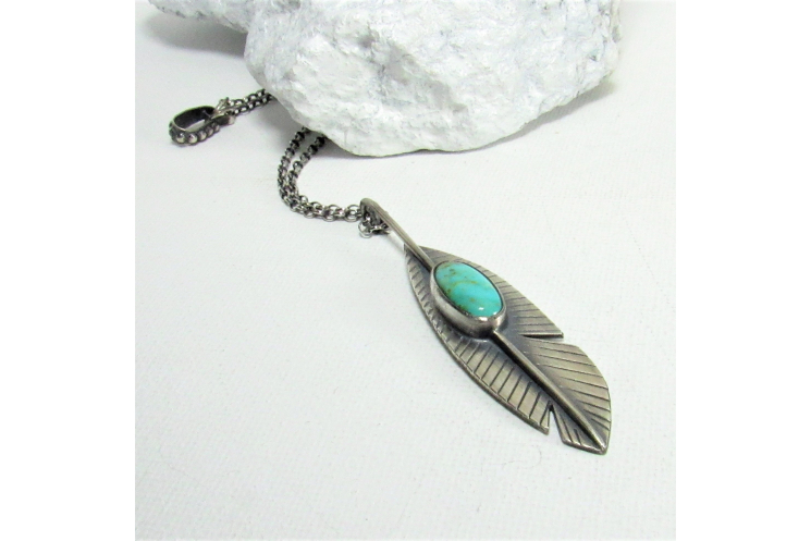 Sterling Silver Feather Necklace With Kingman Turquoise