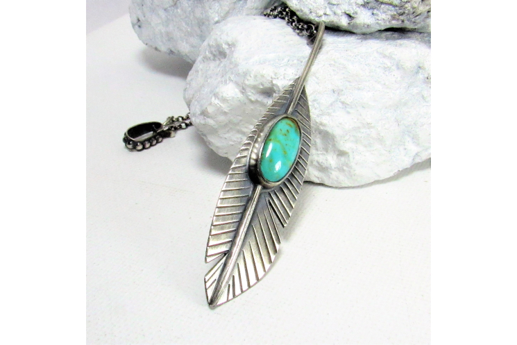 Sterling Silver Feather Necklace With Kingman Turquoise