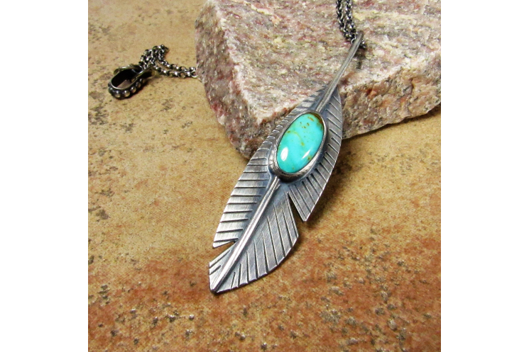 Sterling Silver Feather Necklace With Kingman Turquoise