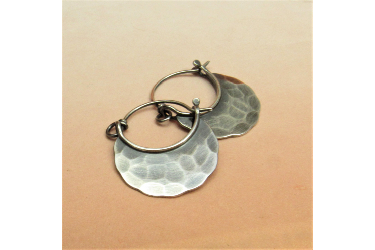 Rustic Hammered Small Sterling Silver Blade Hoop Earrings - Image 3