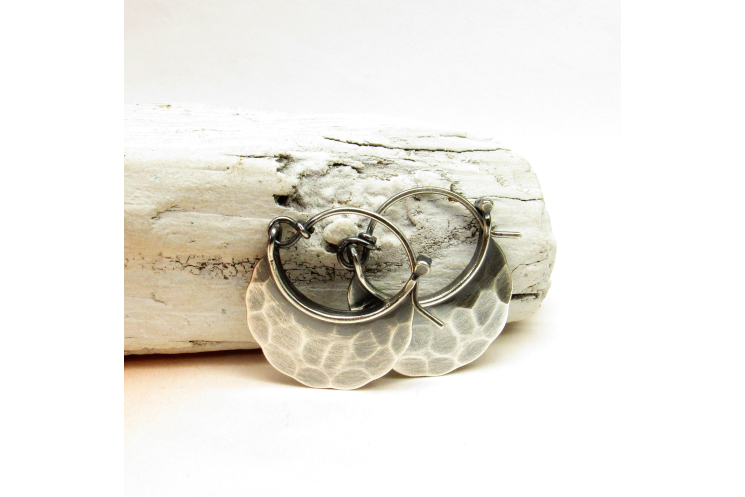 Rustic Hammered Small Sterling Silver Blade Hoop Earrings - Image 4