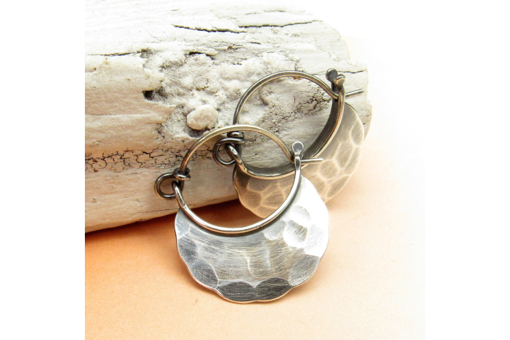 Rustic Hammered Small Sterling Silver Blade Hoop Earrings - Image 2