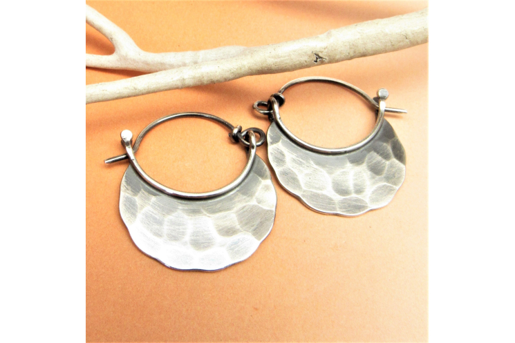 Rustic Hammered Small Sterling Silver Blade Hoop Earrings - Image 1