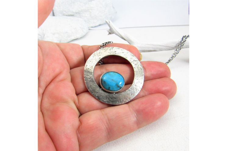 Modern Argentium Sterling Silver And Kingman Turquoise Necklace