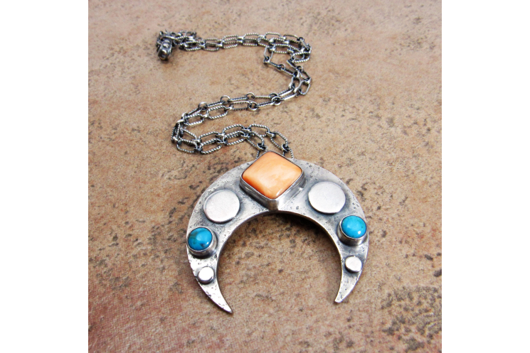 Spiny Oyster And Turquoise Sterling Silver Contemporary Naja Necklace