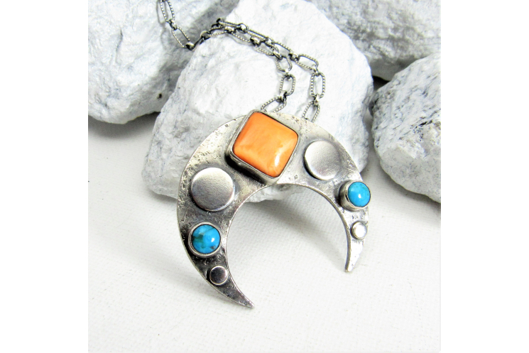 Spiny Oyster And Turquoise Sterling Silver Contemporary Naja Necklace