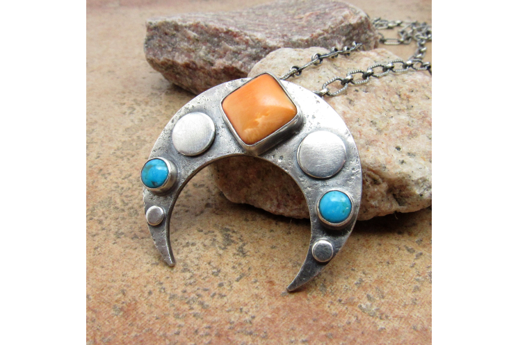 Spiny Oyster And Turquoise Sterling Silver Contemporary Naja Necklace