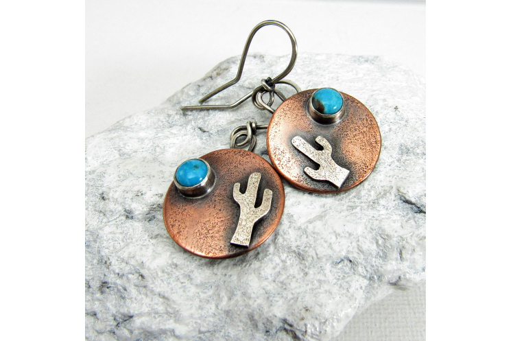 Copper And Sterling Silver Cactus Earrings With Turquoise