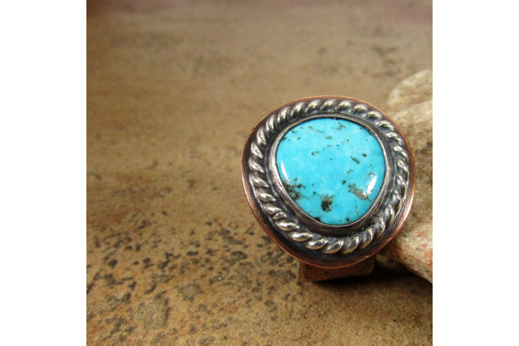 Sterling Silver And Copper Turquoise Ring Unisex Size 9