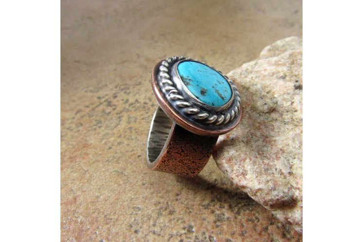 Sterling Silver And Copper Turquoise Ring Unisex Size 9