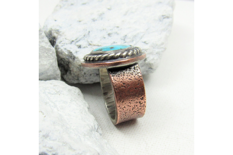 Sterling Silver And Copper Turquoise Ring Unisex Size 9