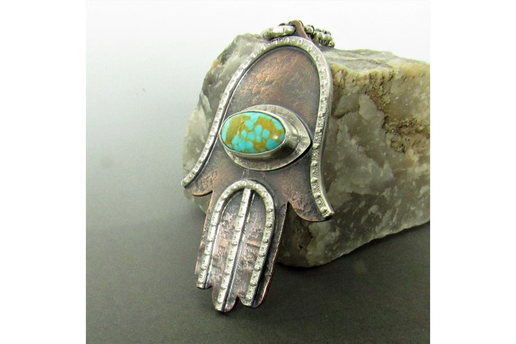 Copper, Silver And Turquoise Hamsa Necklace