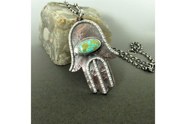 Copper, Silver And Turquoise Hamsa Necklace