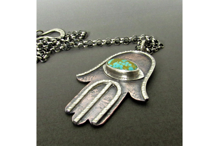 Copper, Silver And Turquoise Hamsa Necklace