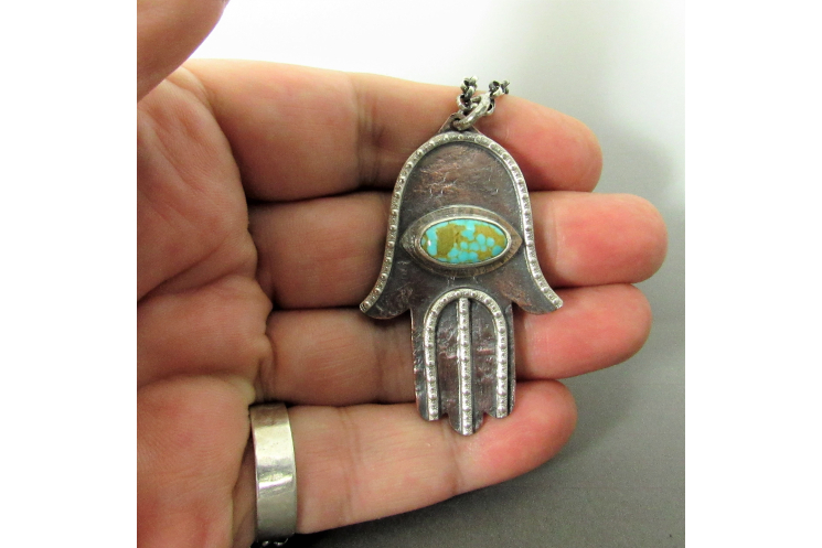 Copper, Silver And Turquoise Hamsa Necklace