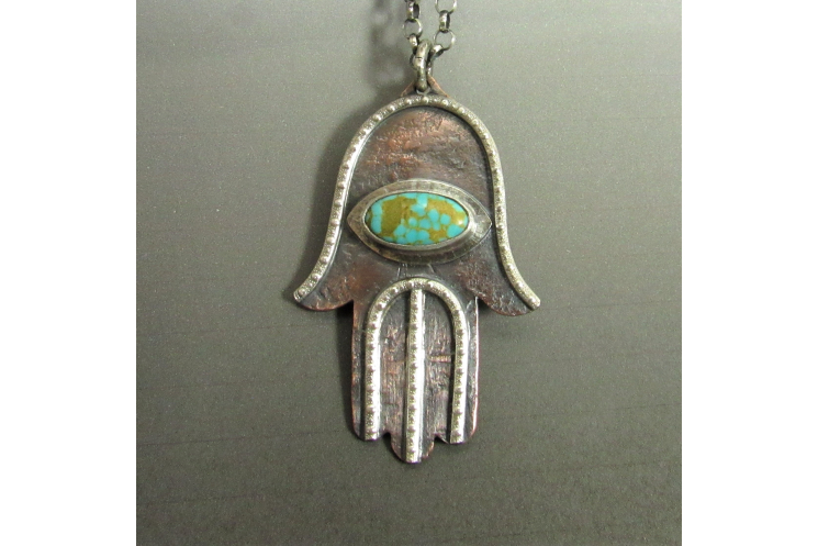 Copper, Silver And Turquoise Hamsa Necklace