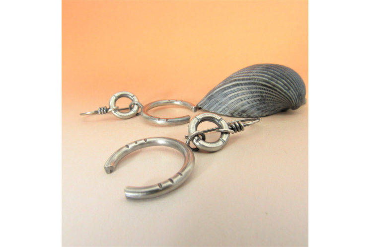 Handcrafted Argentium double circle earrings, chunky design, tribal influence