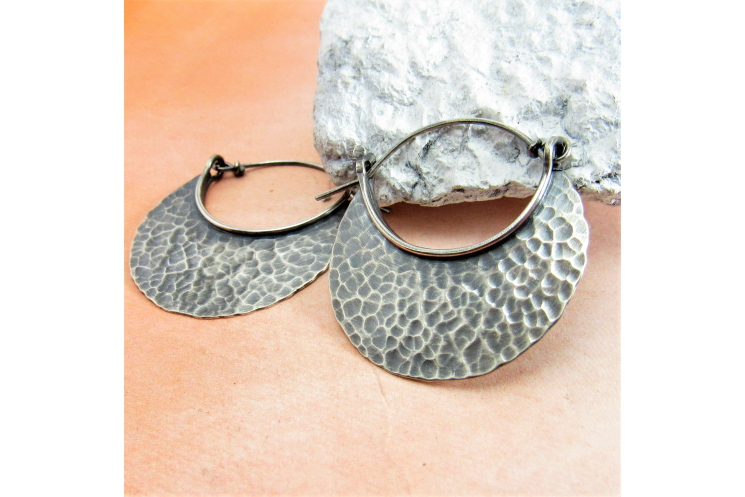 Large Hammered Sterling Silver Crrescent Hoops With Friction Clasp
