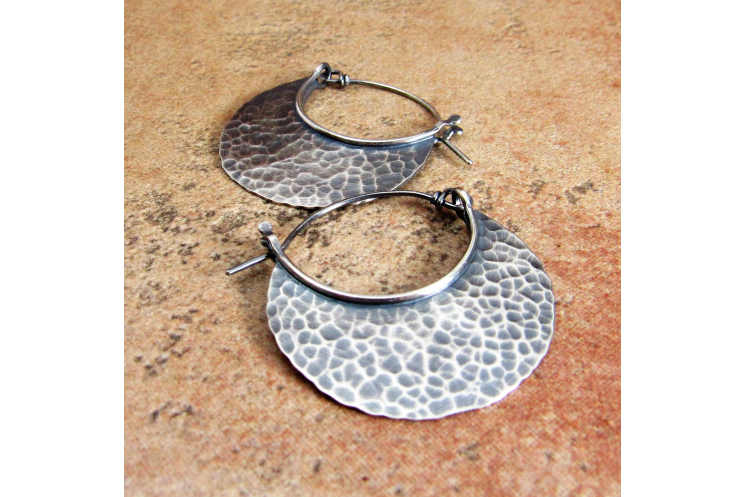 Large Hammered Sterling Silver Crrescent Hoops With Friction Clasp